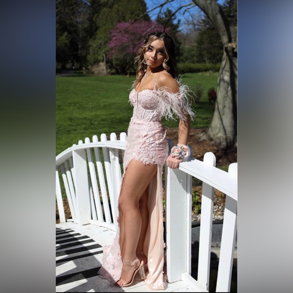 Sherri hill prom dress light pink feather embellished